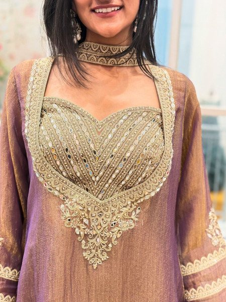 Aura Brown Indo Western Palazzo Set with Mirror Embroidery