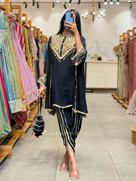 Nisaar Black Indo Western Dhoti Set with Sequin Coin Tassel Work
