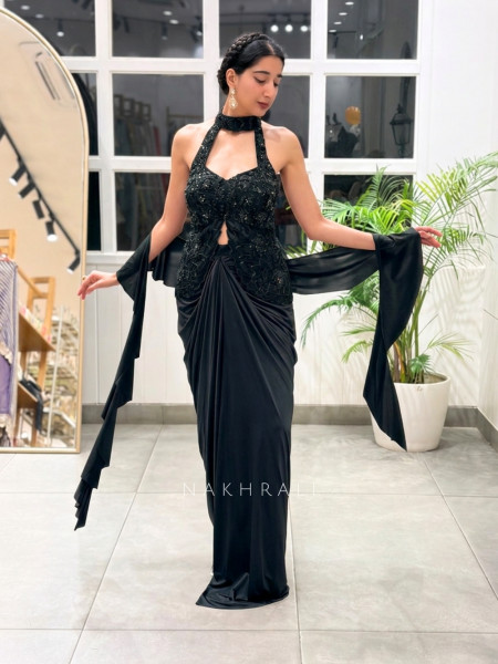 Rivya Embroidered Black Halter Crop Top with Draped Skirt Set