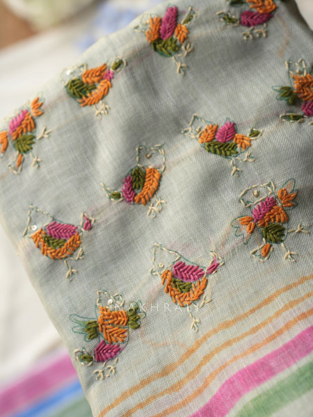 Panchi Pista Green Twill Blend Dress Material with Bird Thread Embroidery