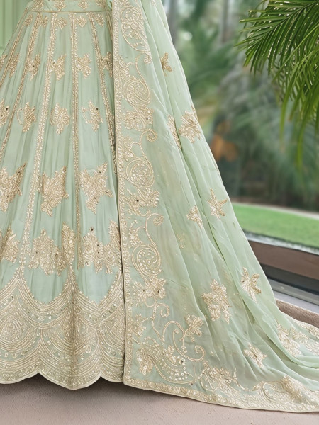 Pank Pista Green Banarasi Silk Lehenga Set With Sequin Floral & Paisley Work
