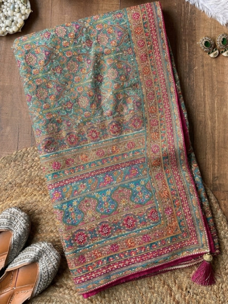 Firoza Rama Green Saree with Multicolor Kalamkari Floral Print