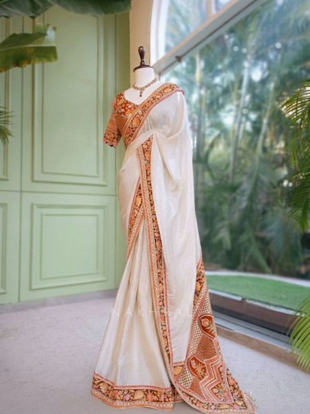 Mehr Cream & Orange Fusion Saree