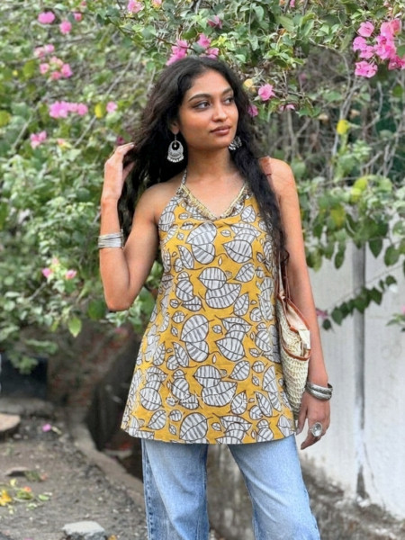 Mirelle Mustard Floral Printed Top with Sequin Neckline