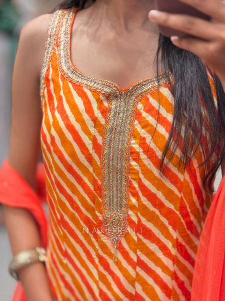 Aabha Orange Crepe Leheriya Suit Set with Zari and Sequin Work