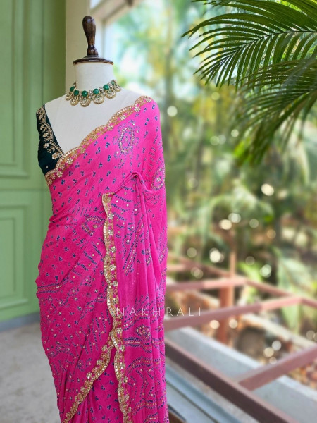 Mehrang Magenta Bandhani Saree with Gota Border