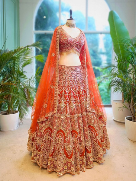 Eternal Shine Orange Zari & Sequin Lehenga