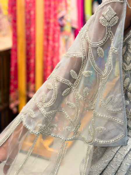 Naya Grey Indo-Western Crop Top Skirt Set with Cut Dana Sequin Work