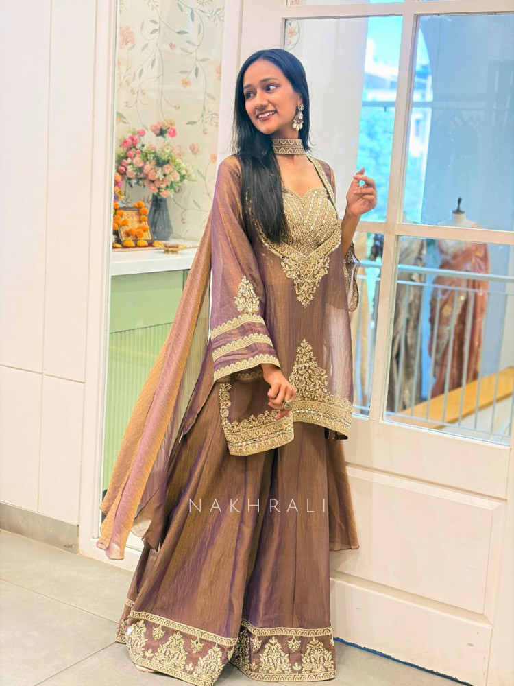 Image of Aura Brown Indo Western Palazzo Set with Mirror Embroidery