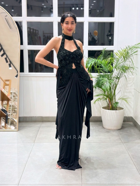 Rivya Embroidered Black Halter Crop Top with Draped Skirt Set