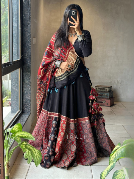 Jugni Black Cotton Ajrakh Printed Chaniya Choli