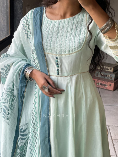 Mishka Green Cotton Anarkali Suit Set with Print Work