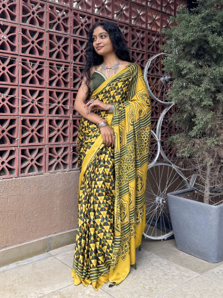 RangRekha Yellow Modal Saree with Printed Design