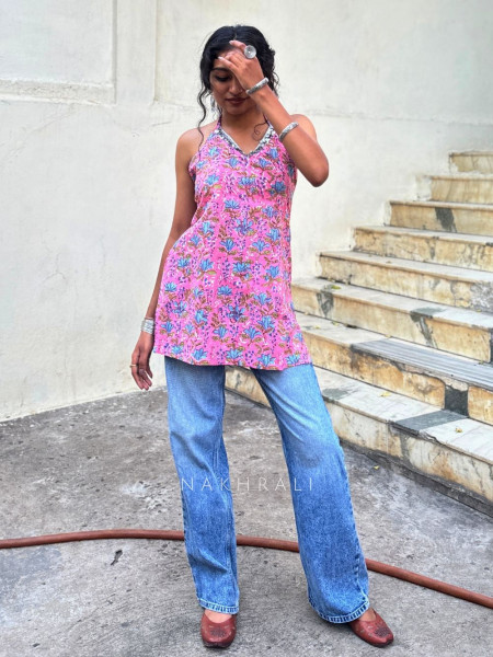 Mirelle Pink Floral Printed Top with Sequin Neckline