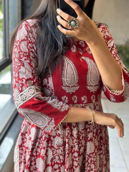Noor Red Kalidar Block Printed Kurta