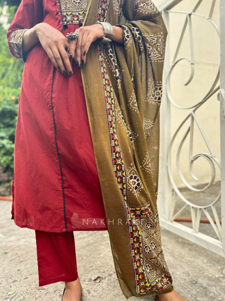 Vanika Maroon Suit Set with Printed Yoke and Dupatta