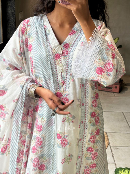 Ruhika White Suit Set with Floral Print and Lace Detailing