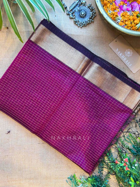 Vasundhara Wine Maheshwari Zari Check Saree with Running Blouse Piece