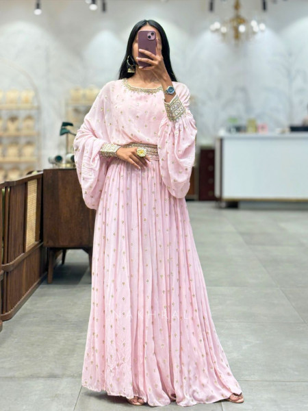 Blush Pink Embellished Jumpsuit with Flowy Sleeves