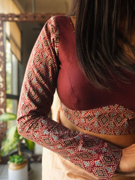 Taal Rang Maroon Cotton Blouse with Beaded Neckline