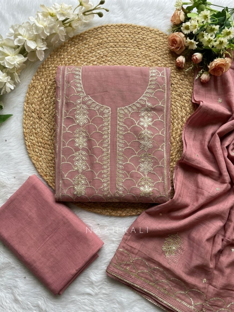 Image of Saanjh Pink Embroidered Dress Material
