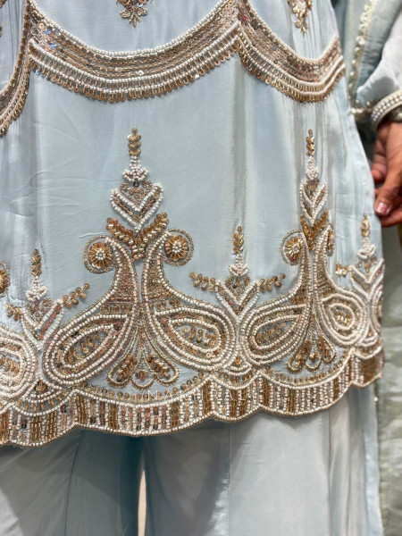 Zivora Sky Blue Palazzo Suit Set with Bead Sequin Cut Dana Work