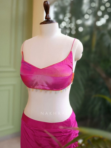 Celeste Charm Magenta Crop Top Skirt Set with Cape