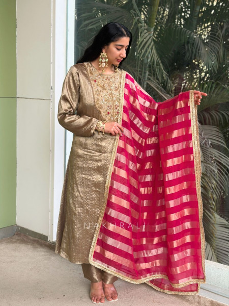 Pravya Golden Suit Set with Embroidered Front Work