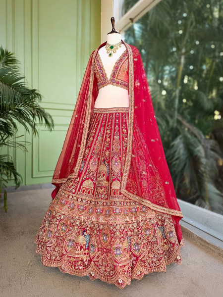 Rajvanya Red Unstitched Lehenga Set with Zari, Bead and Sequin Work