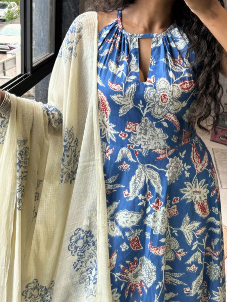 Mehira Blue Anarkali Suit Set with Floral Print