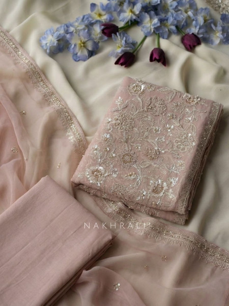 Celyra Peach Floral Embroidered Dress Material with Sequin Detail