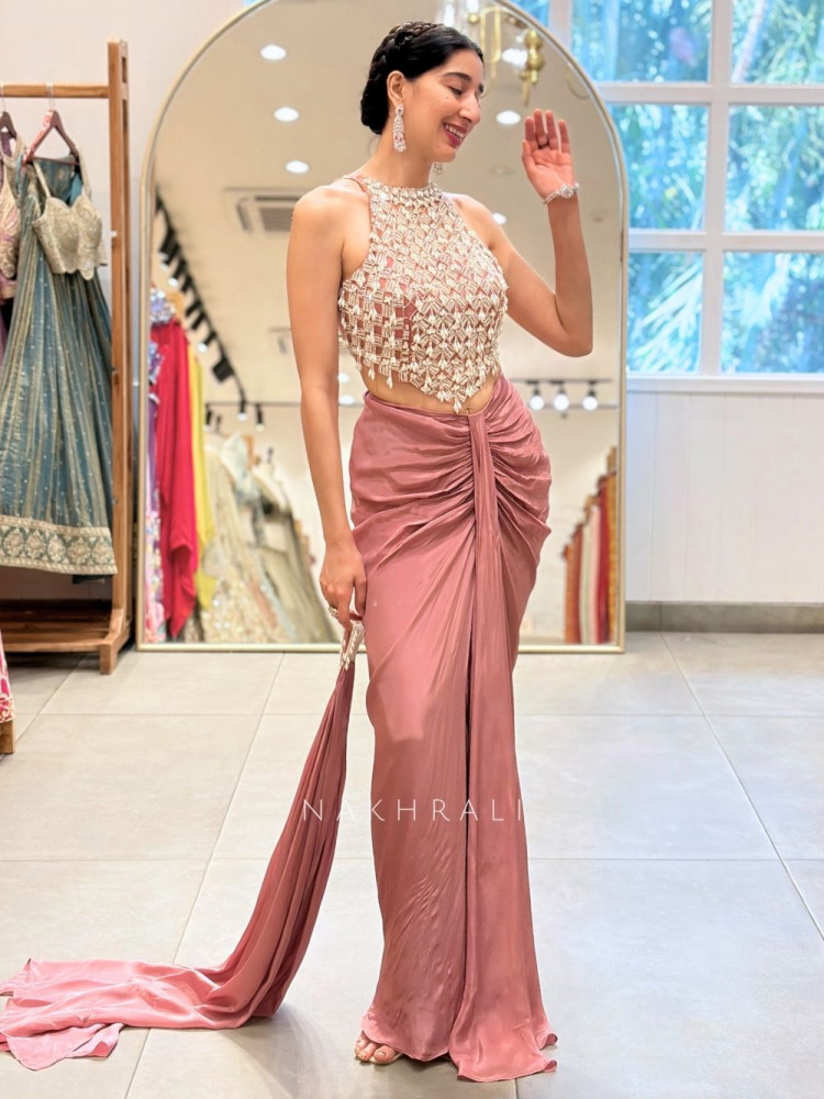 Image of Ruched Pink Halter Neck Crop Top Skirt Set with Cut Dana, Pearl and Bead Work