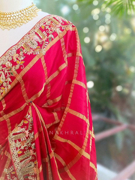 Kavira Red Saree with Zari Embroidered Border