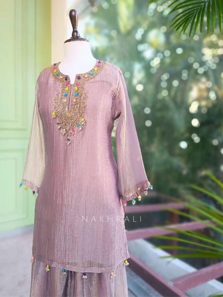 Meherza Lavender Embroidered Kurta Sharara Set with Dupatta