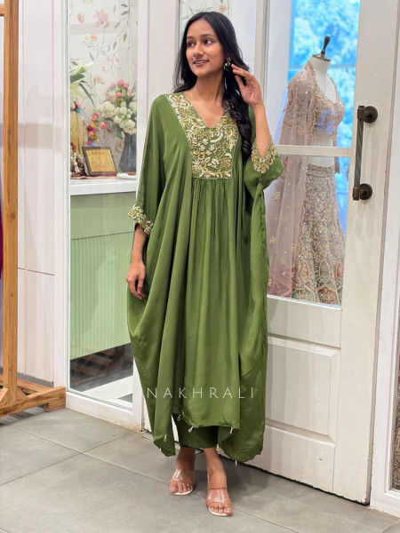 Lehar Green Kaftan Set with Sequin and Cut Dana Yoke and Sleeve Work