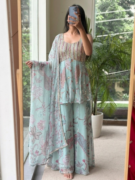 Rhythm Firozi Georgette Indo-Western Palazzo Set