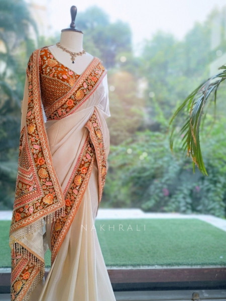 Mehr Cream & Orange Fusion Saree