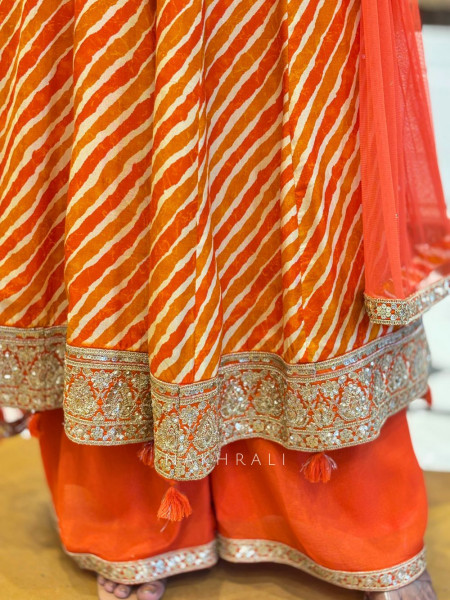 Aabha Orange Crepe Leheriya Suit Set with Zari and Sequin Work