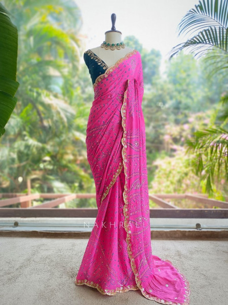 Mehrang Magenta Bandhani Saree with Gota Border