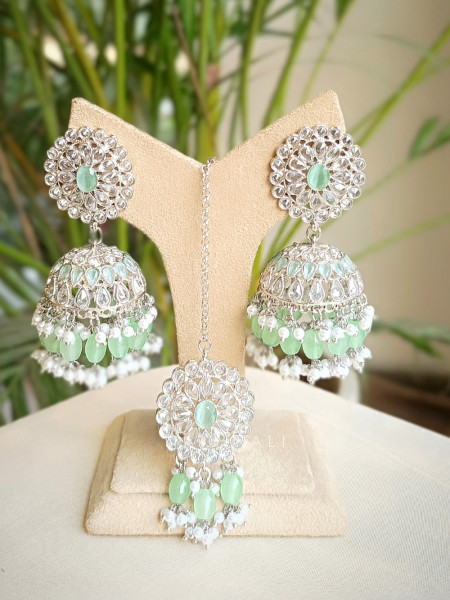 Zafrina Mint Kundan Earring & Tikka Set