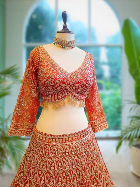 Eternal Shine Orange Zari & Sequin Lehenga