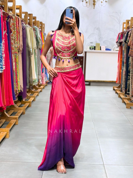 Shivora Magenta Indo-Western Crop Top Set with Mirror Cut Dana Work