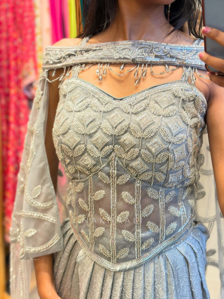 Naya Grey Indo-Western Crop Top Skirt Set with Cut Dana Sequin Work