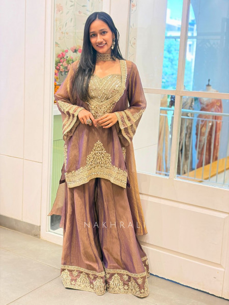 Aura Brown Indo Western Palazzo Set with Mirror Embroidery
