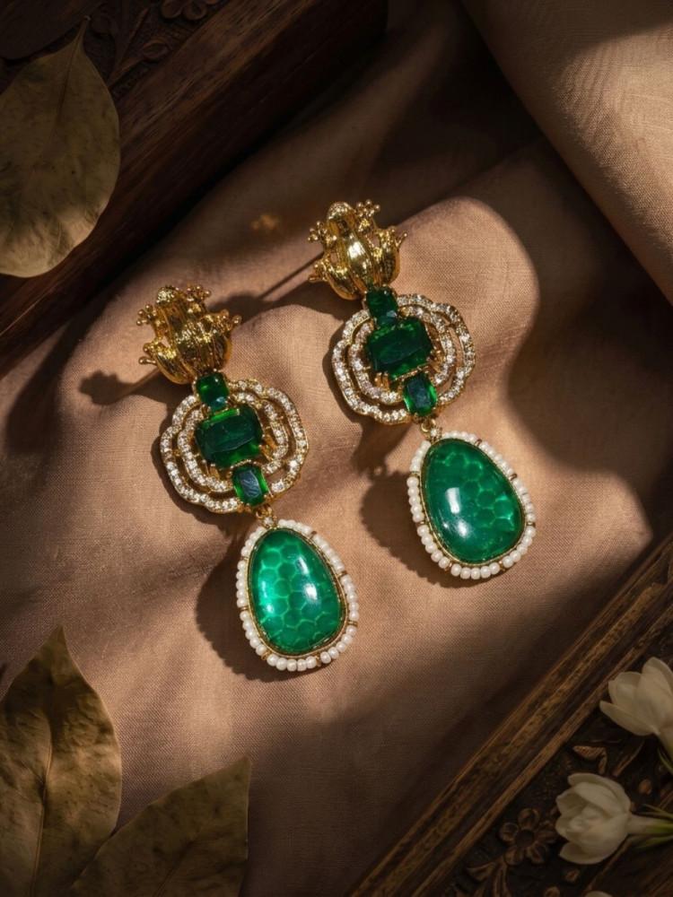 Image of Manjari Green &amp; Gold Statement Drop Earrings