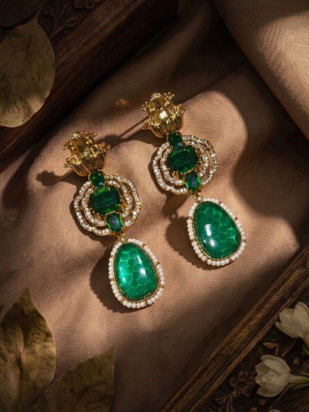 Manjari Green & Gold Statement Drop Earrings