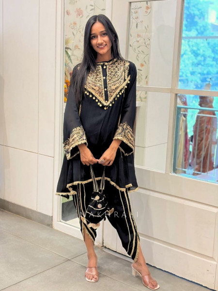 Nisaar Black Indo Western Dhoti Set with Sequin Coin Tassel Work