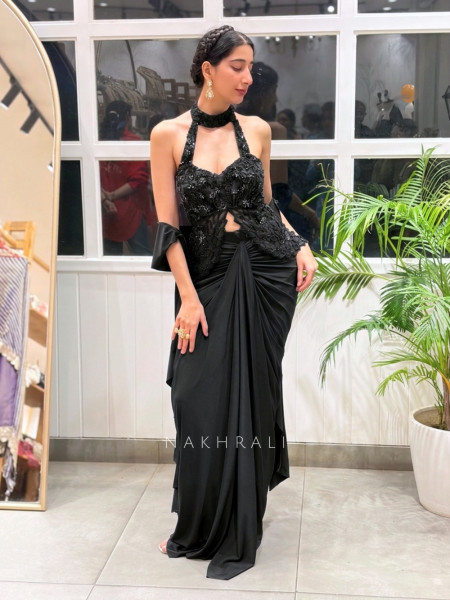 Rivya Embroidered Black Halter Crop Top with Draped Skirt Set