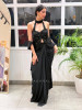 Rivya Embroidered Black Halter Crop Top with Draped Skirt Set