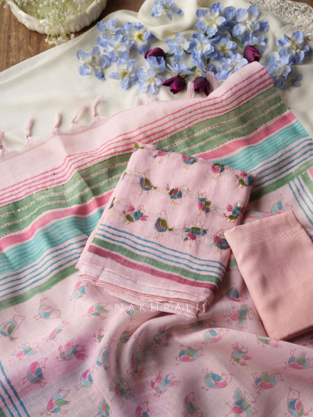 Panchi Peach Twill Blend Dress Material with Bird Thread Embroidery